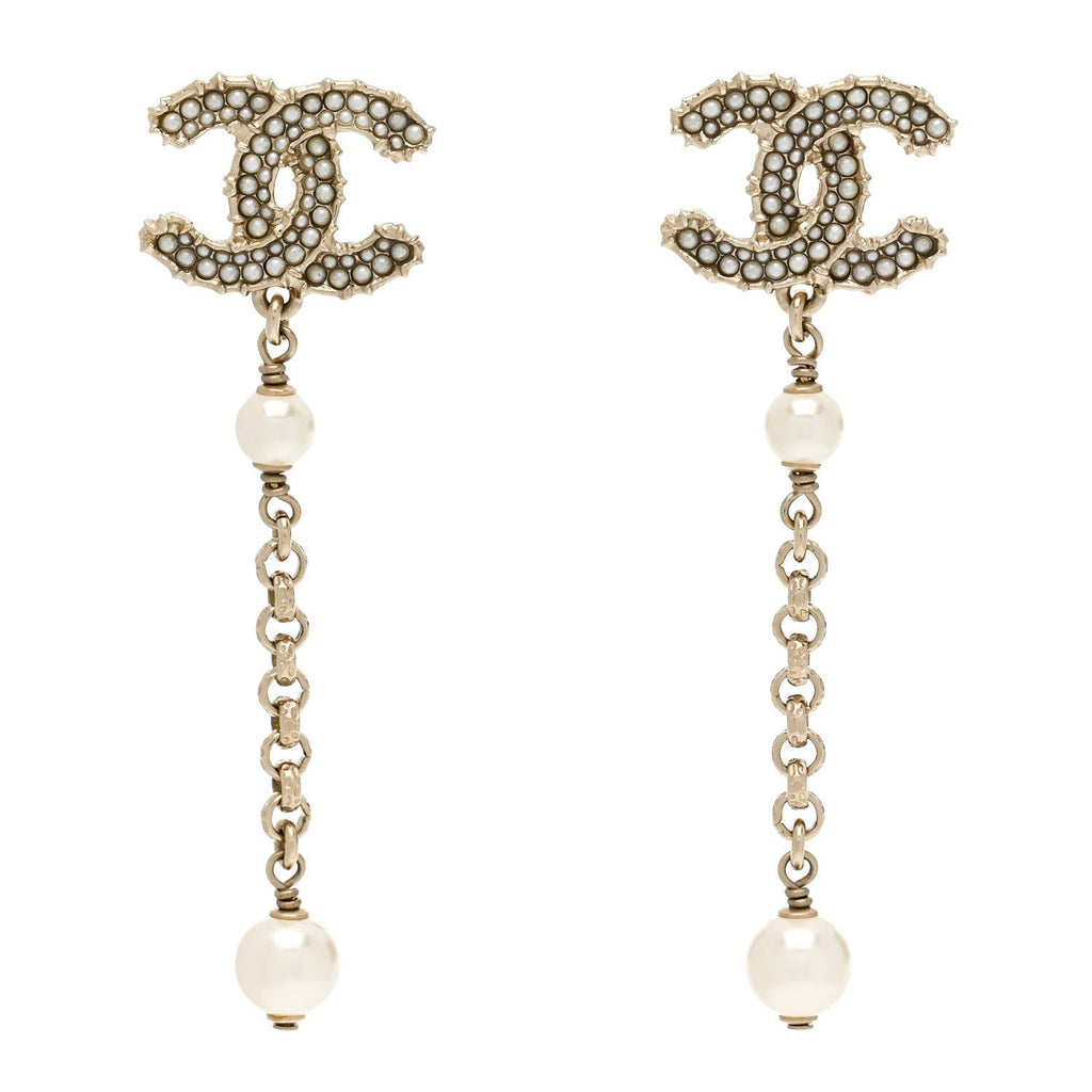 Pearl CC Chain Drop Earrings Gold