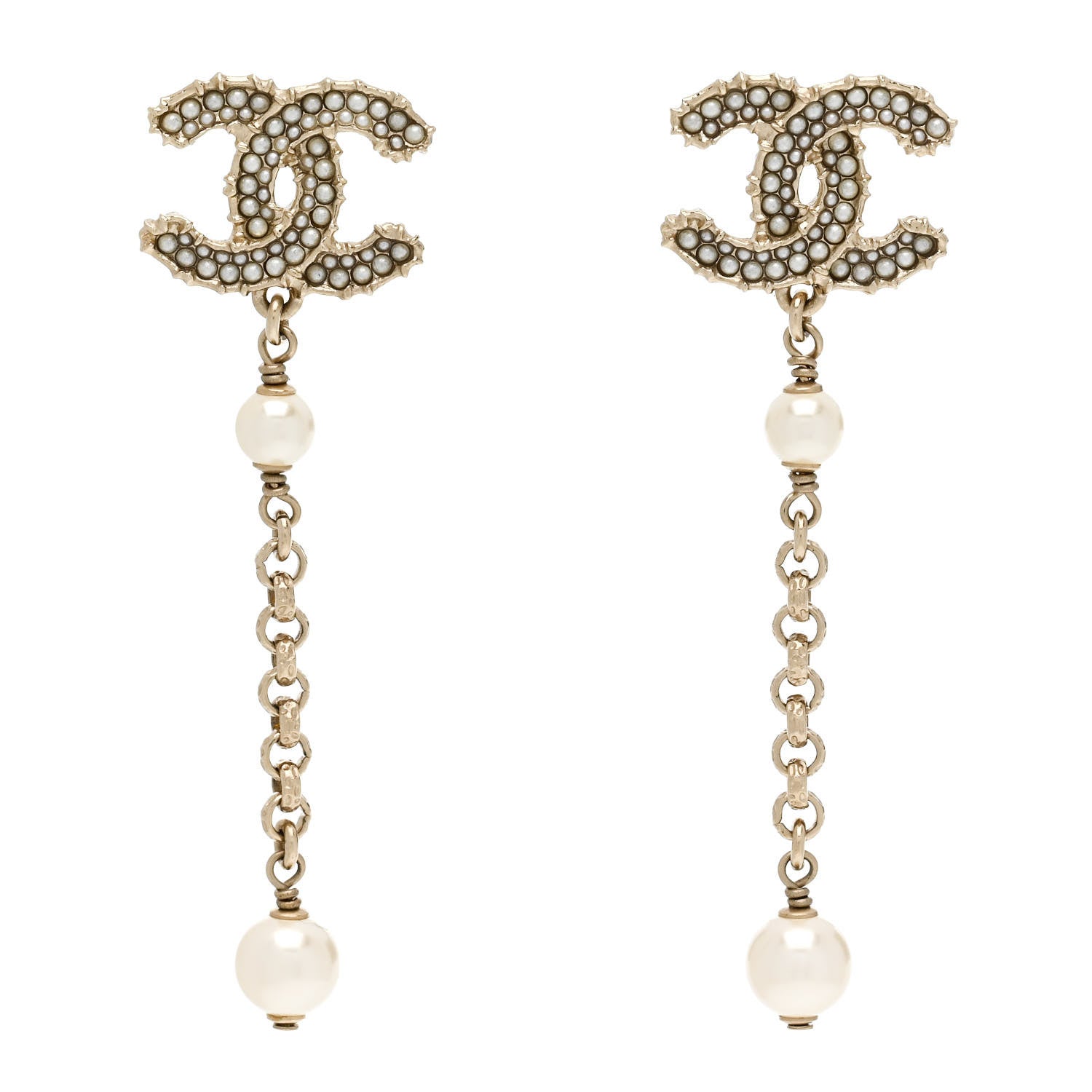 Pearl CC Chain Drop Earrings Gold