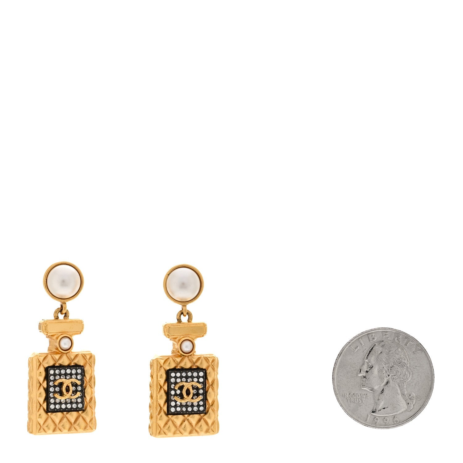 Crystal Pearl CC Perfume Bottle Drop Earrings Gold