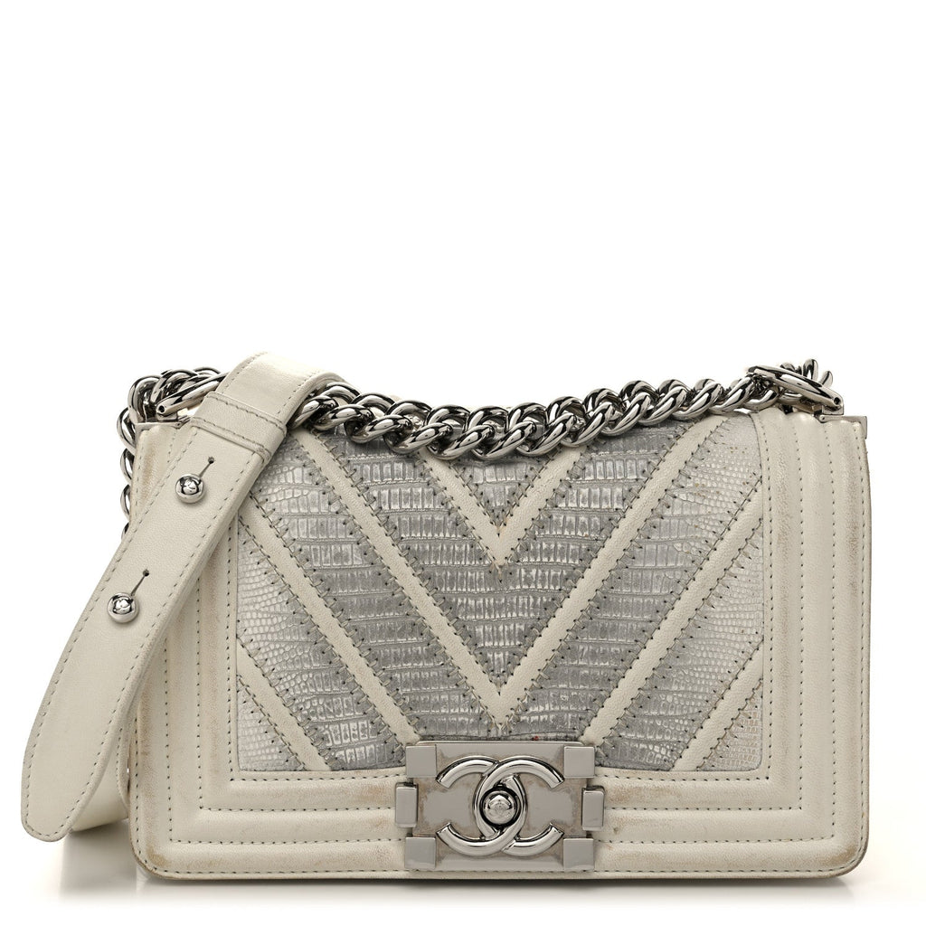 Lizard Chevron Stitched Small Boy Flap White Silver