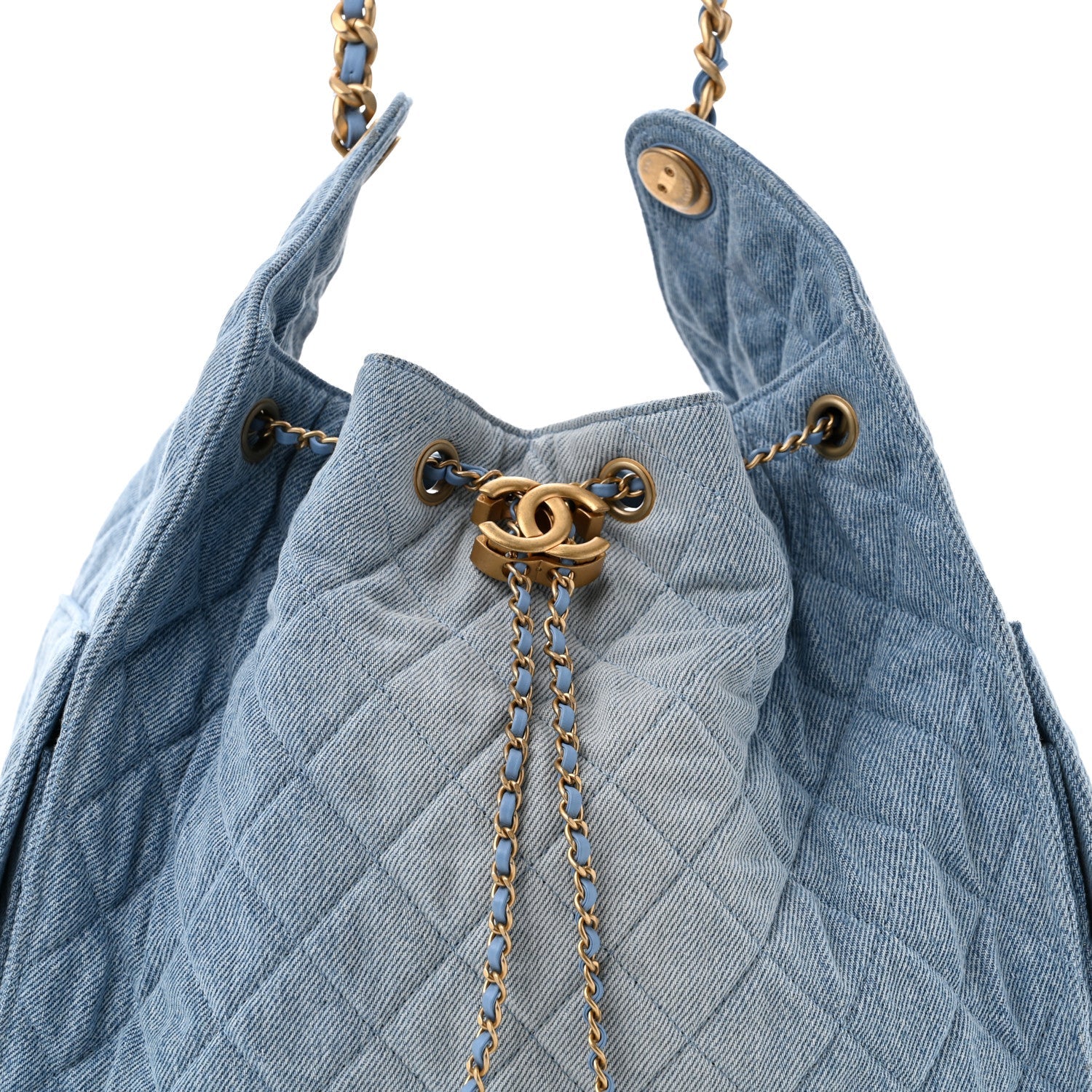 Washed Denim Quilted Medium Chanel 25 Handbag Blue