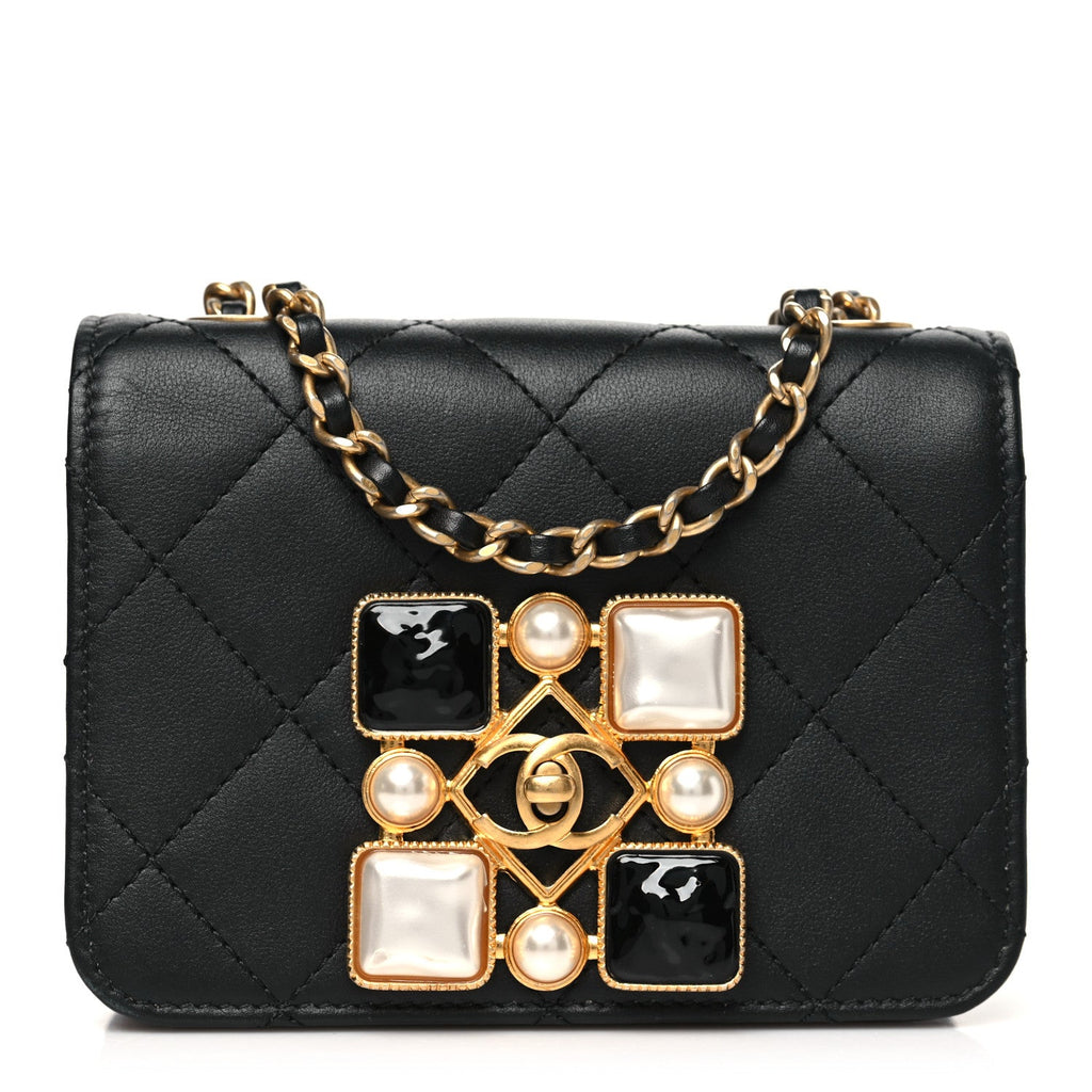 Calfskin Quilted Crystal Pearl Mini Flap Bag Black