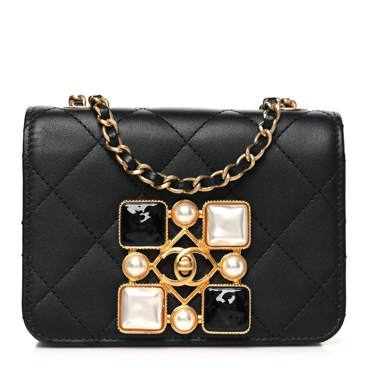 Calfskin Quilted Crystal Pearl Mini Flap Bag Black