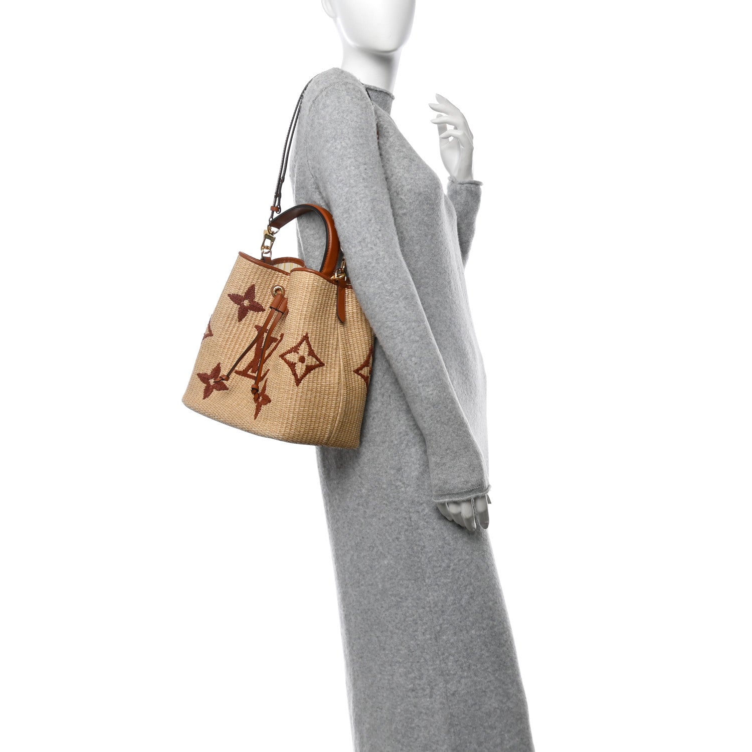 Raffia Calfskin Monogram Neonoe MM Tan