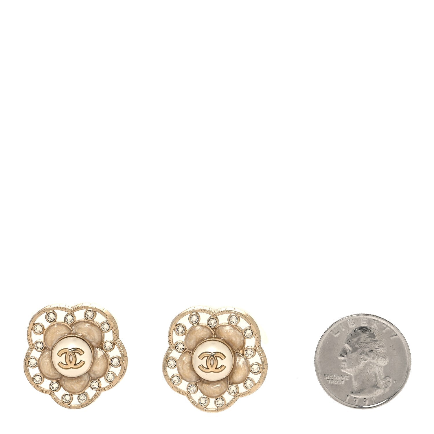 Enamel Crystal Pearl CC Camellia Earrings Pink Gold