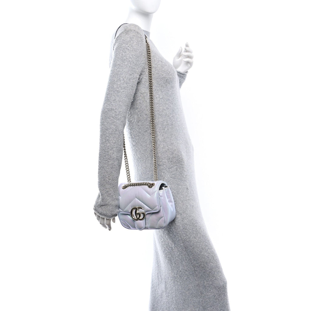 Iridescent Nappa Chevron Matelasse Mini GG Marmont Shoulder Bag Iridescent Snow Light Blue