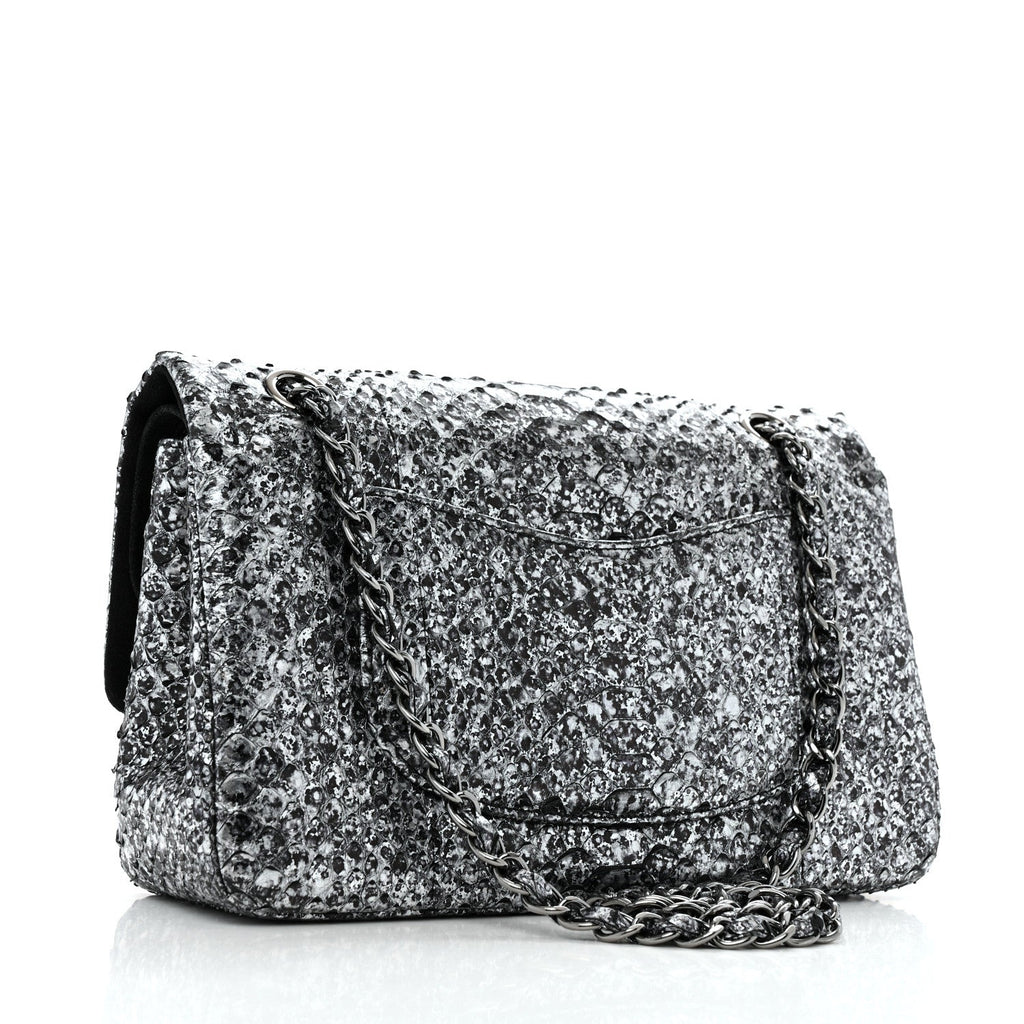 Metallic Snakeskin Medium Double Flap Black Silver