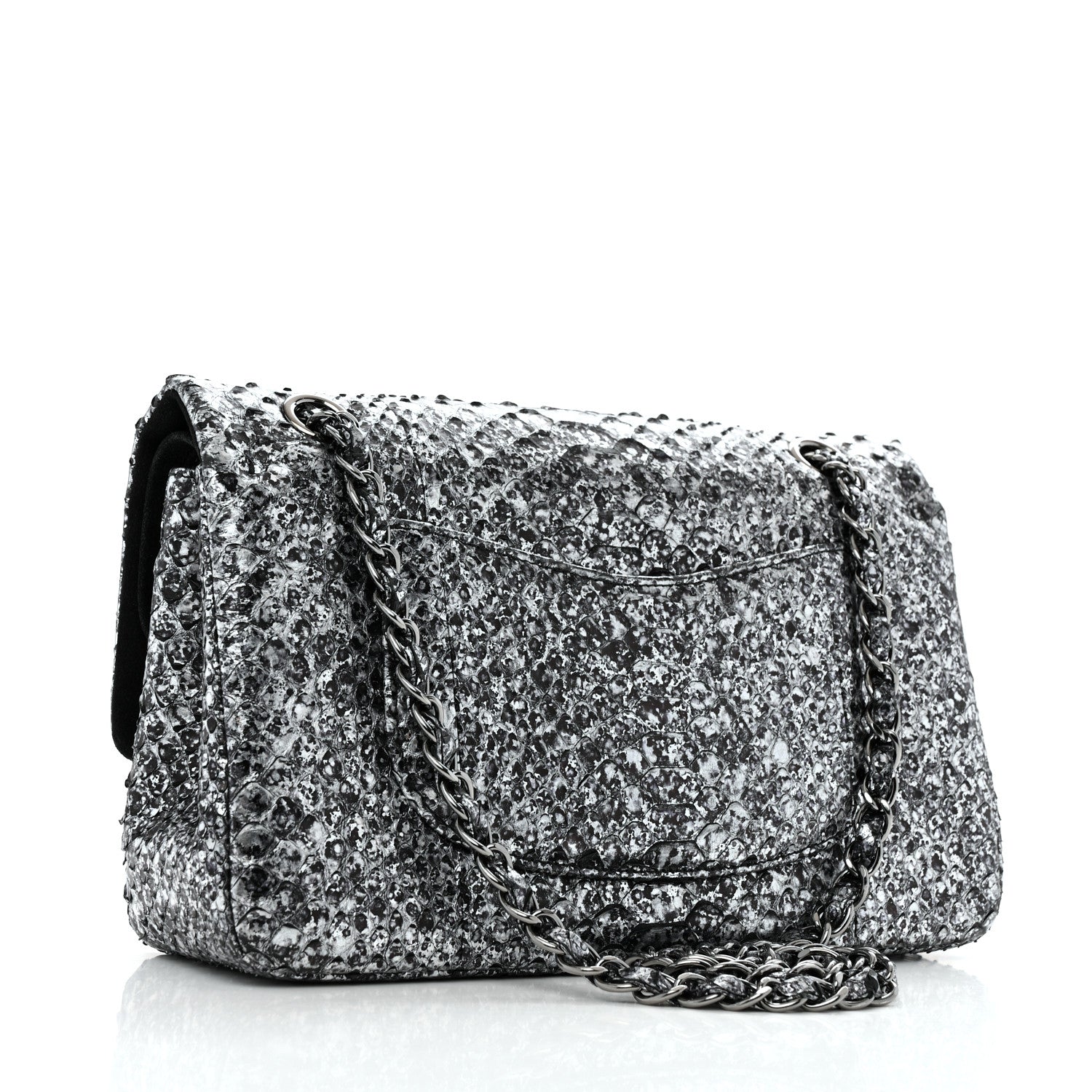 Metallic Snakeskin Medium Double Flap Black Silver