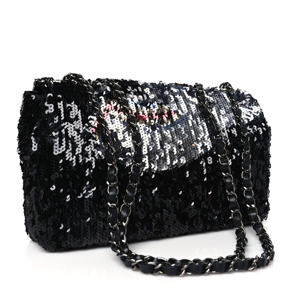 Sequin Medium Single Flap Silver Black Multicolor
