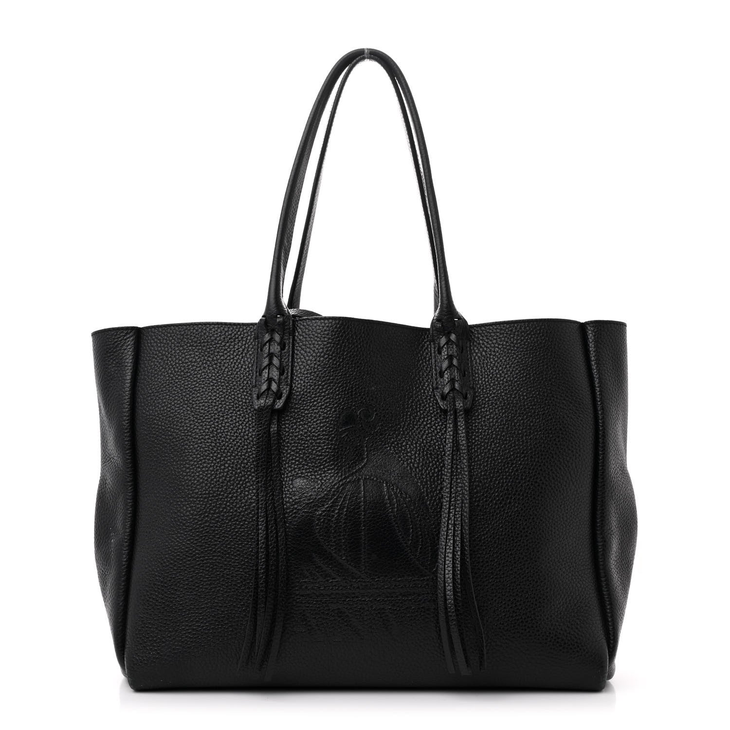 Grained Calfskin Logo Small Fringe Shopper Tote Black