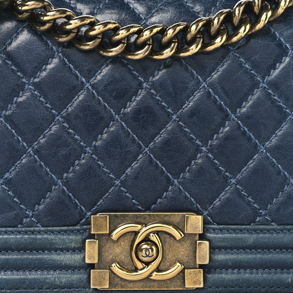 Aged Calfskin Quilted Medium Boy Flap Blue