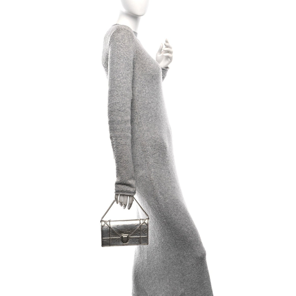 Metallic Crinkled Lambskin Diorama Croisiere Chain Wallet Silver