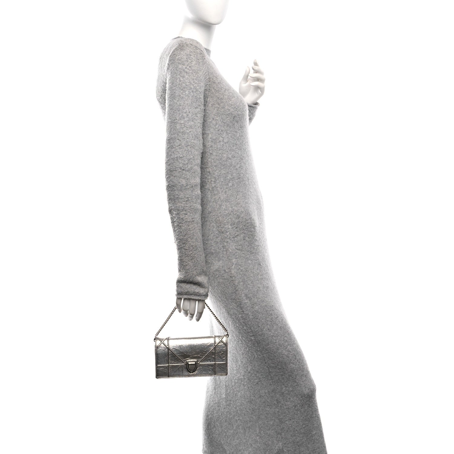 Metallic Crinkled Lambskin Diorama Croisiere Chain Wallet Silver