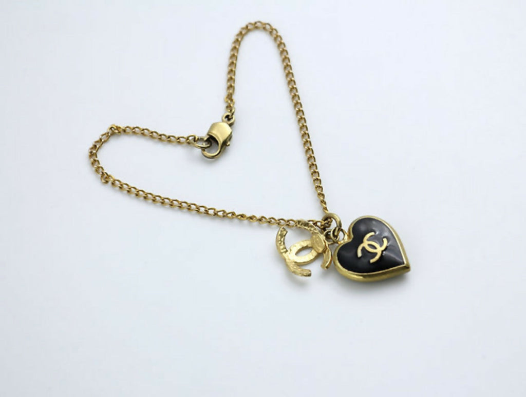 Chanel Vintage 02P Enamel Black Heart CC Bracelet