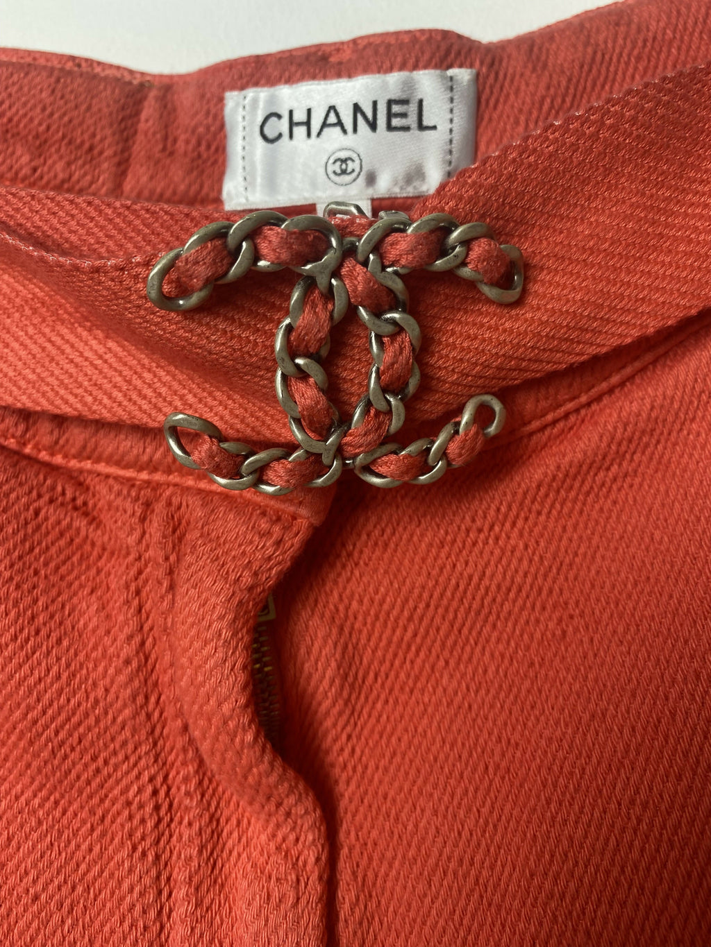 Chanel 2019 Coral Red Cotton CC Buckle Shorts FR 36