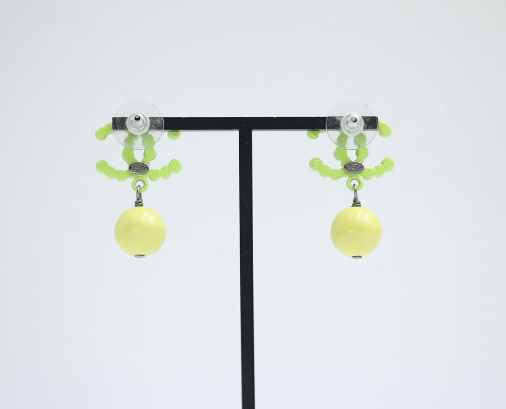Chanel Vintage 04A Resin Fluorescent Green and Yellow Dangle Stud Earrings