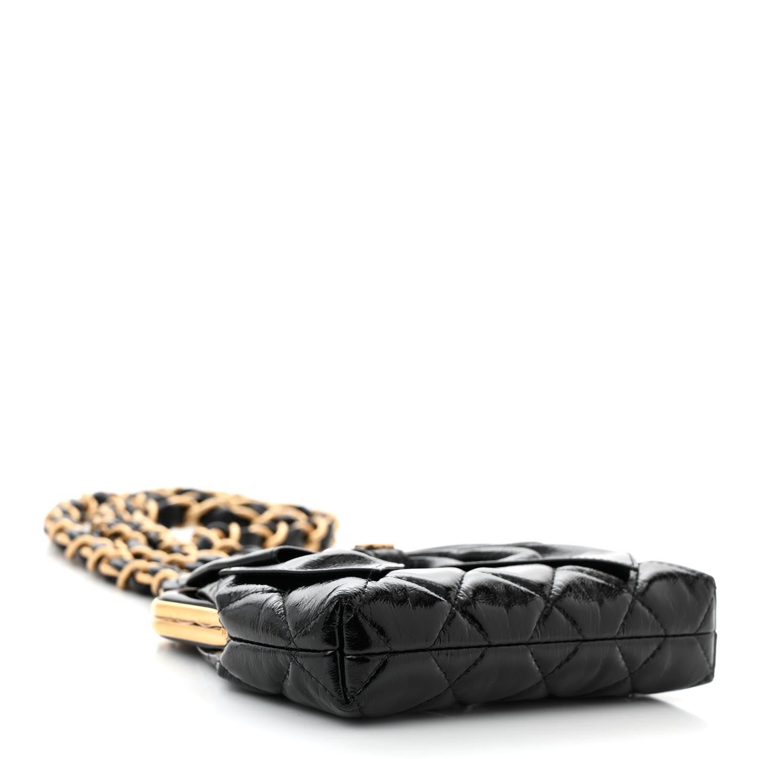 Patent Crumpled Lambskin Quilted Maxi Bow Clutch With Chain Black