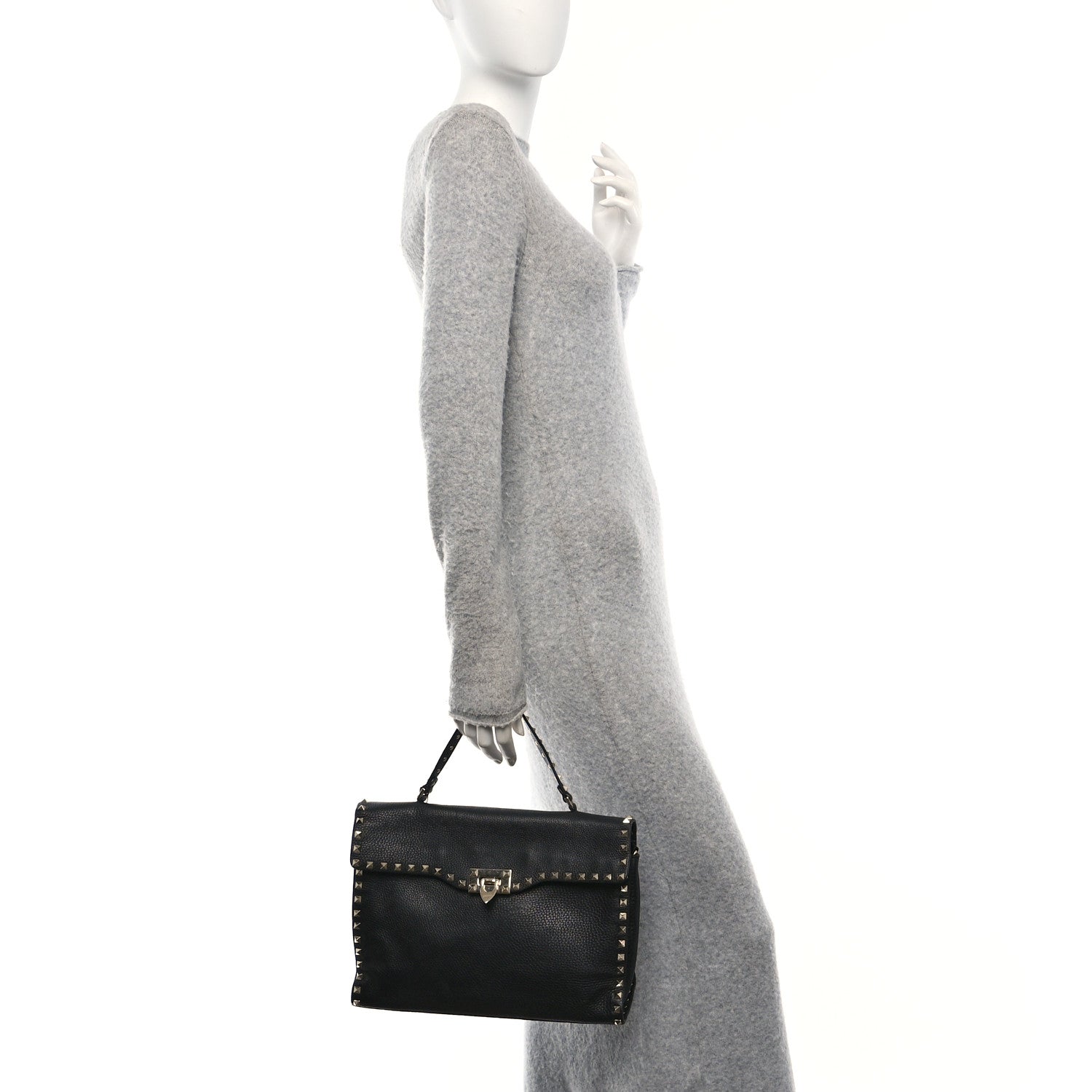 Pebbled Calfskin Rockstud Flip Lock Top Handle Bag Black