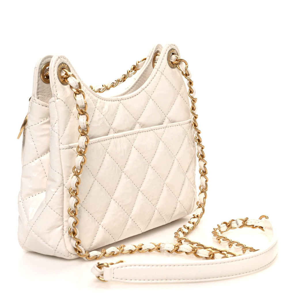 Shiny Crumpled Calfskin Quilted Small Wavy CC Hobo White