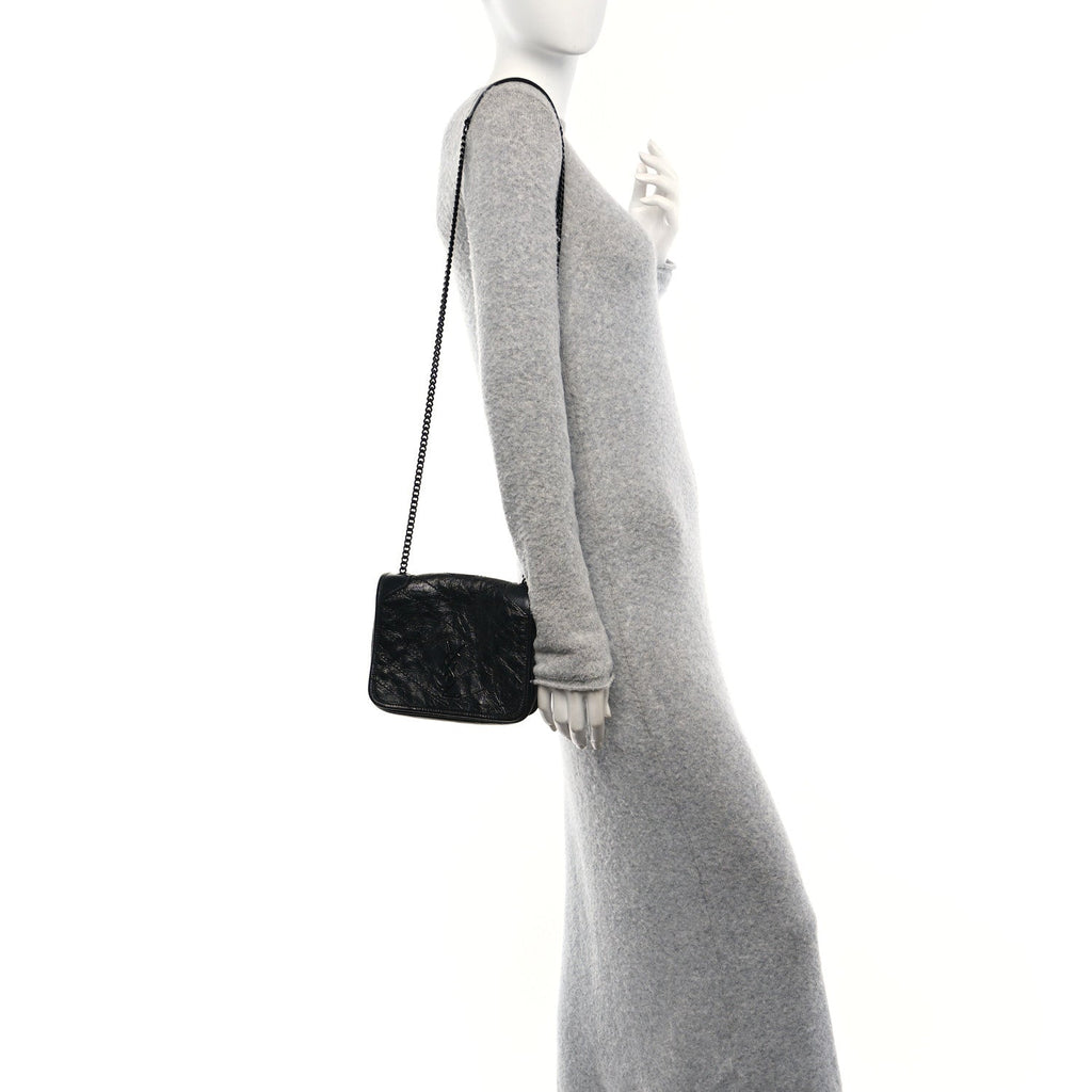 Crinkled Calfskin Matelasse Monogram Niki Chain Satchel Black