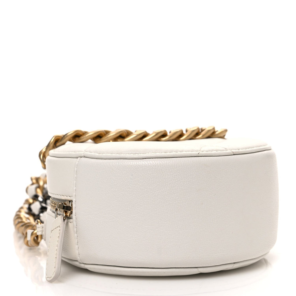Shiny Goatskin Quilted Chanel 19 Round Clutch With Chain White