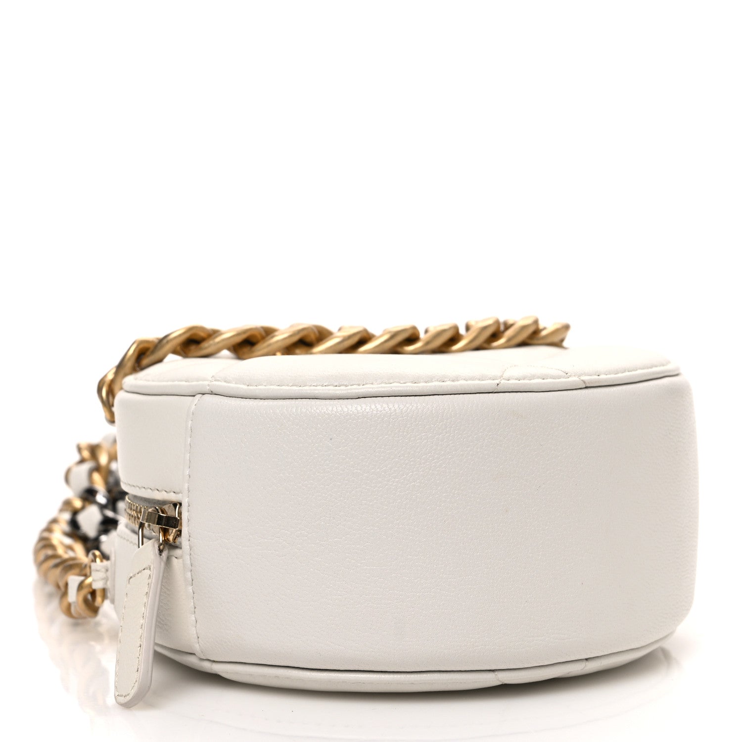 Shiny Goatskin Quilted Chanel 19 Round Clutch With Chain White