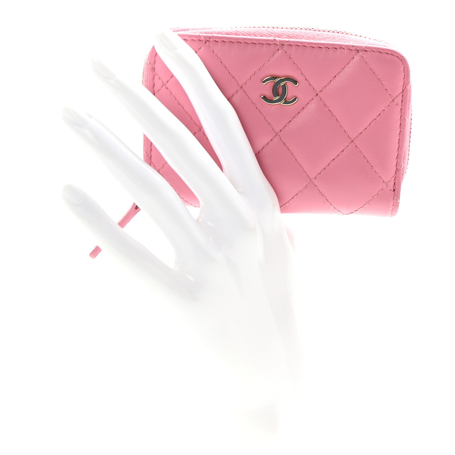 Lambskin Quilted Zip Around Coin Purse Wallet Pink