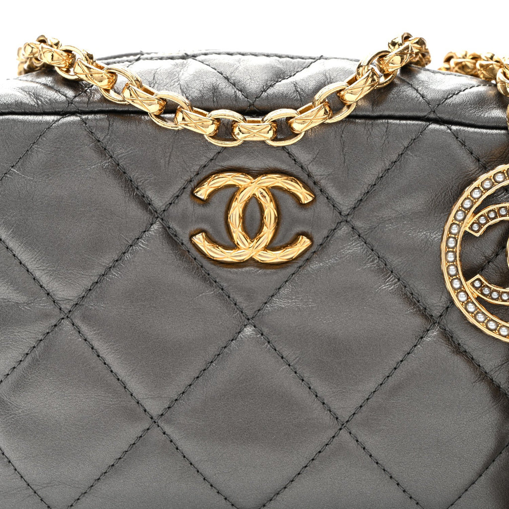 Metallic Calfskin Pearl Quilted CC Mini Camera Case Ruthenium