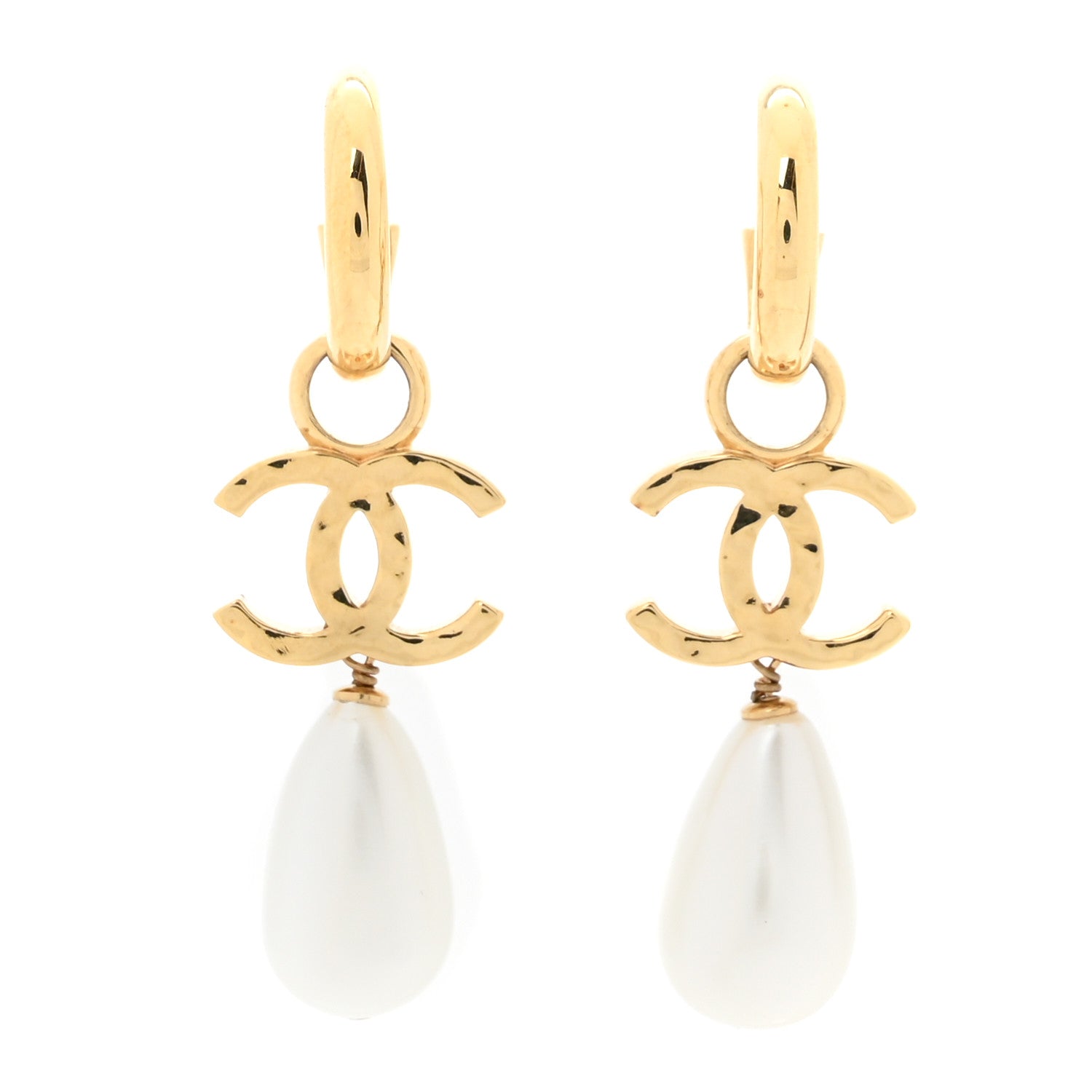Pearl CC Hoop Drop Earrings  Gold Pearly White
