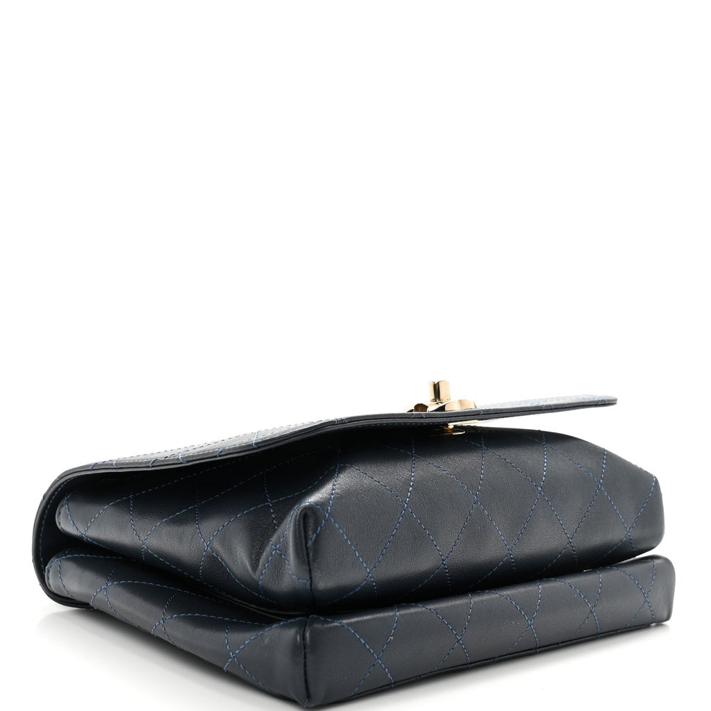 Calfskin Quilted Double Pocket Top Handle Flap Blue