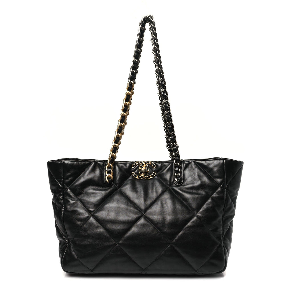 Lambskin Quilted Chanel 19 East West Shopping Bag Black