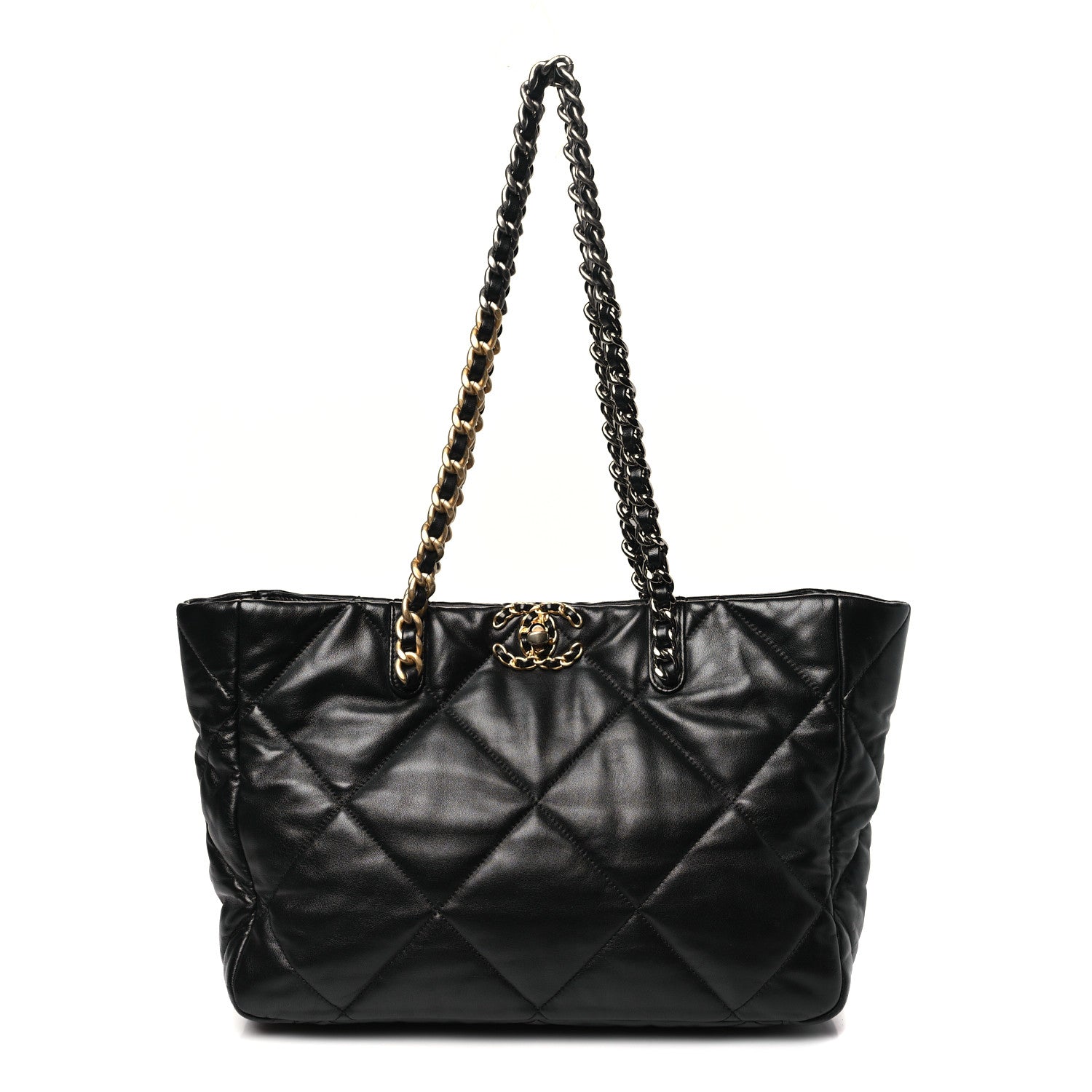 Lambskin Quilted Chanel 19 East West Shopping Bag Black