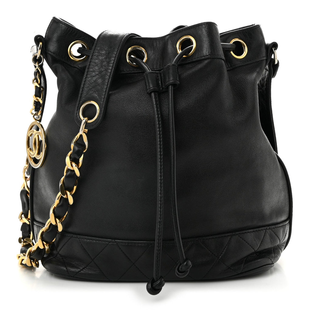 Lambskin Quilted Drawstring Bucket Bag Black