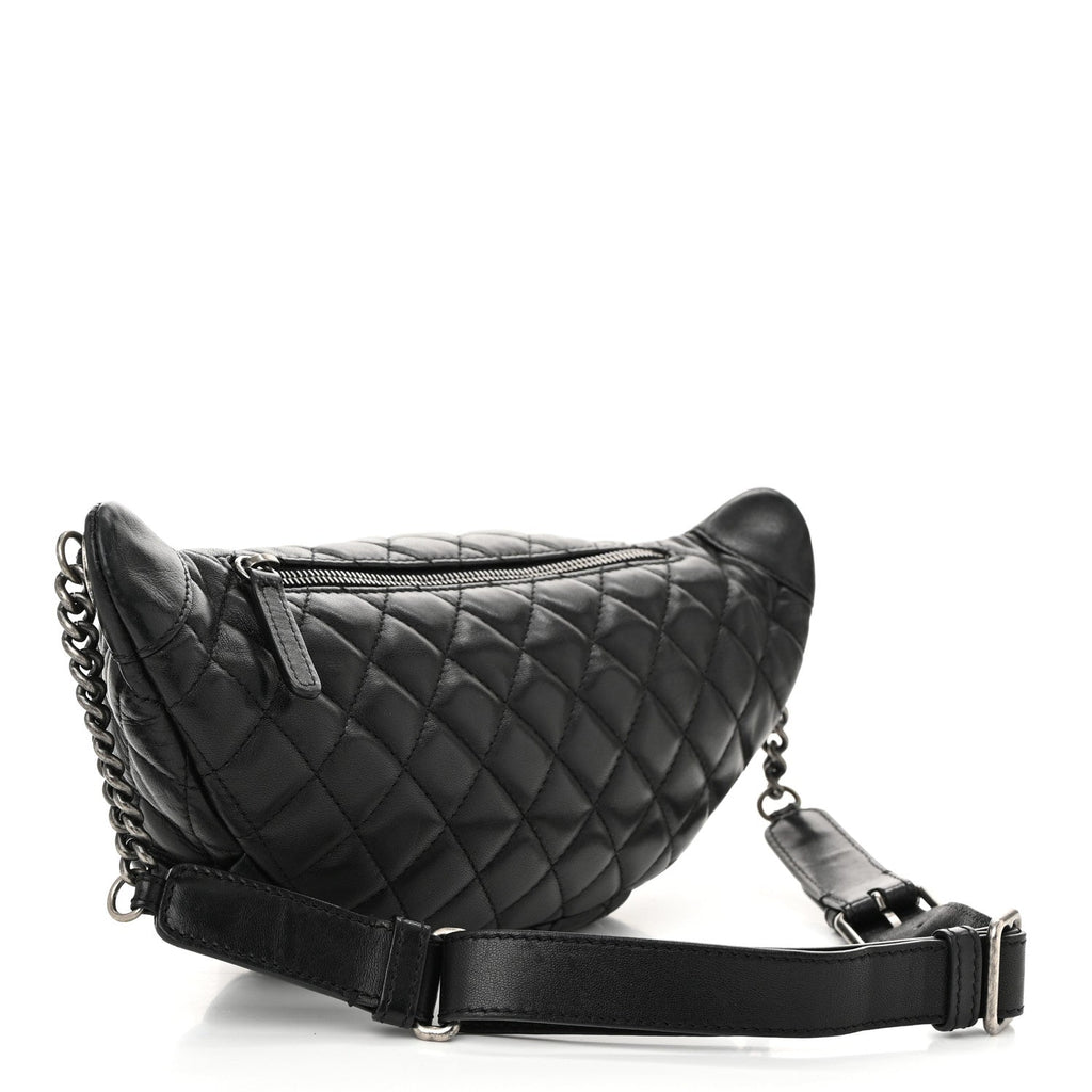 Lambskin Quilted Banane Waist Bag Fanny Pack Black