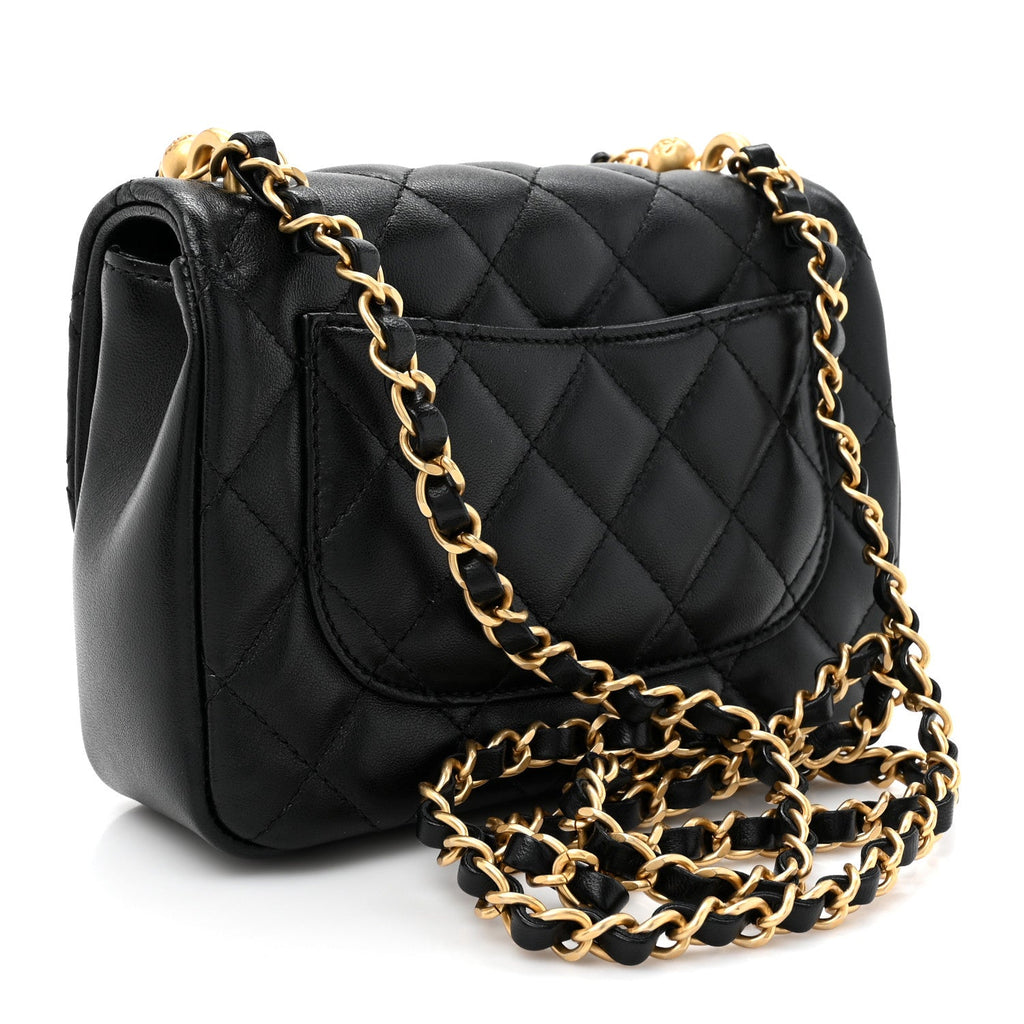 Shiny Lambskin Quilted Pearl Twist Mini Square Flap Black