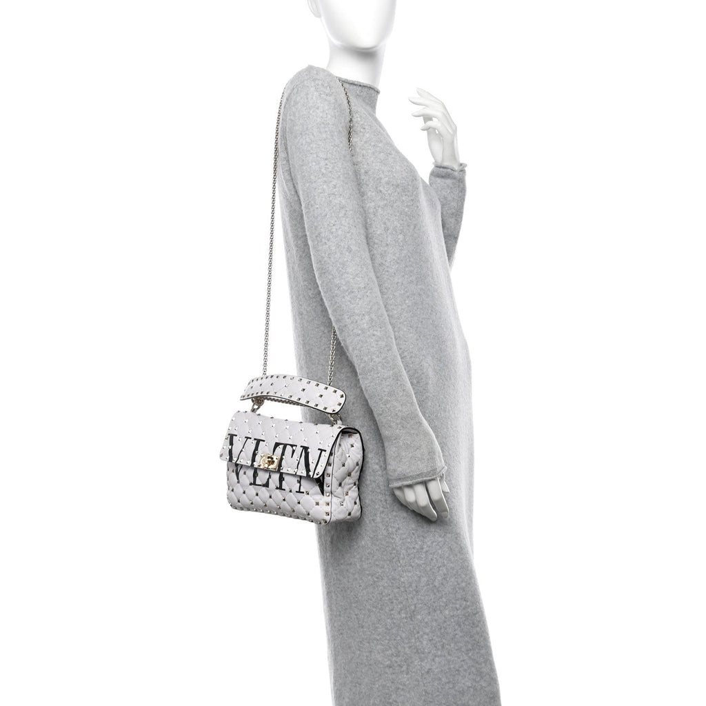 Lambskin VLTN Print Medium Rockstud Spike Shoulder Bag Optic White Black