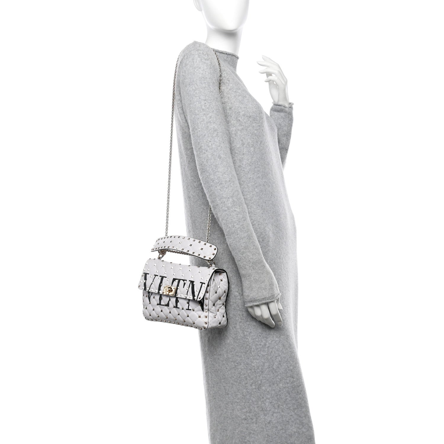 Lambskin VLTN Print Medium Rockstud Spike Shoulder Bag Optic White Black