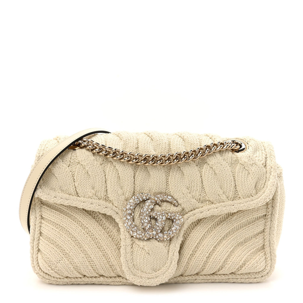 Knitted Wool Crystal Small GG Marmont Shoulder Bag Ivory