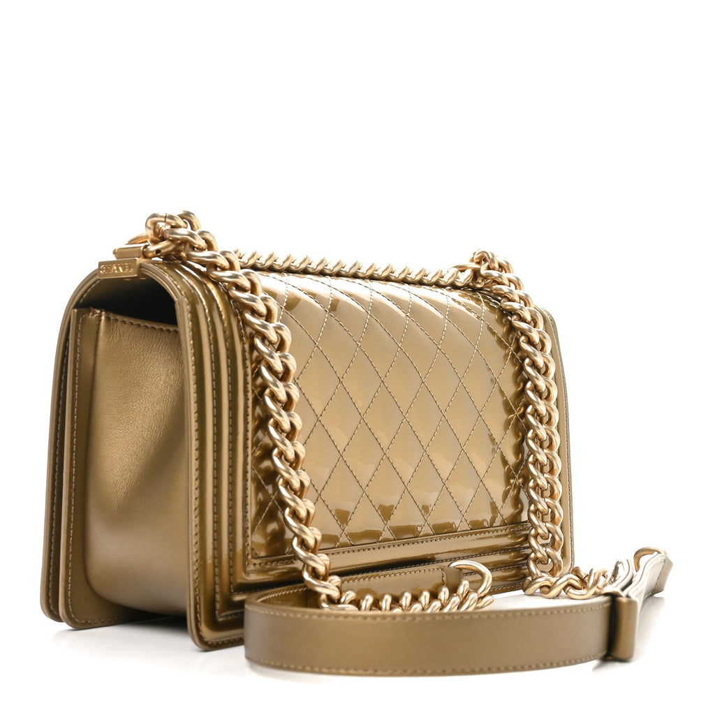 Metallic Patent Calfskin Quilted Medium Boy Flap Gold