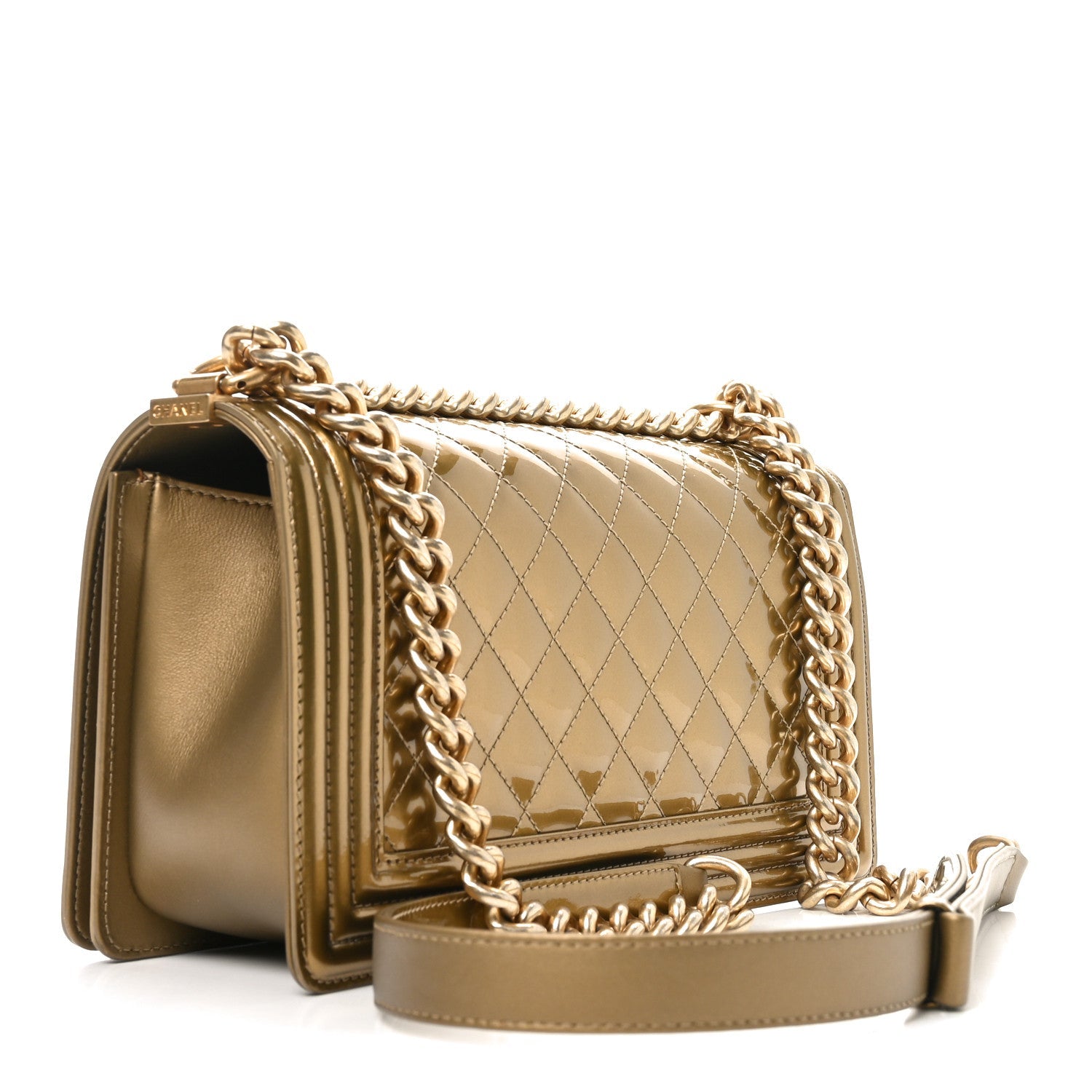 Metallic Patent Calfskin Quilted Medium Boy Flap Gold