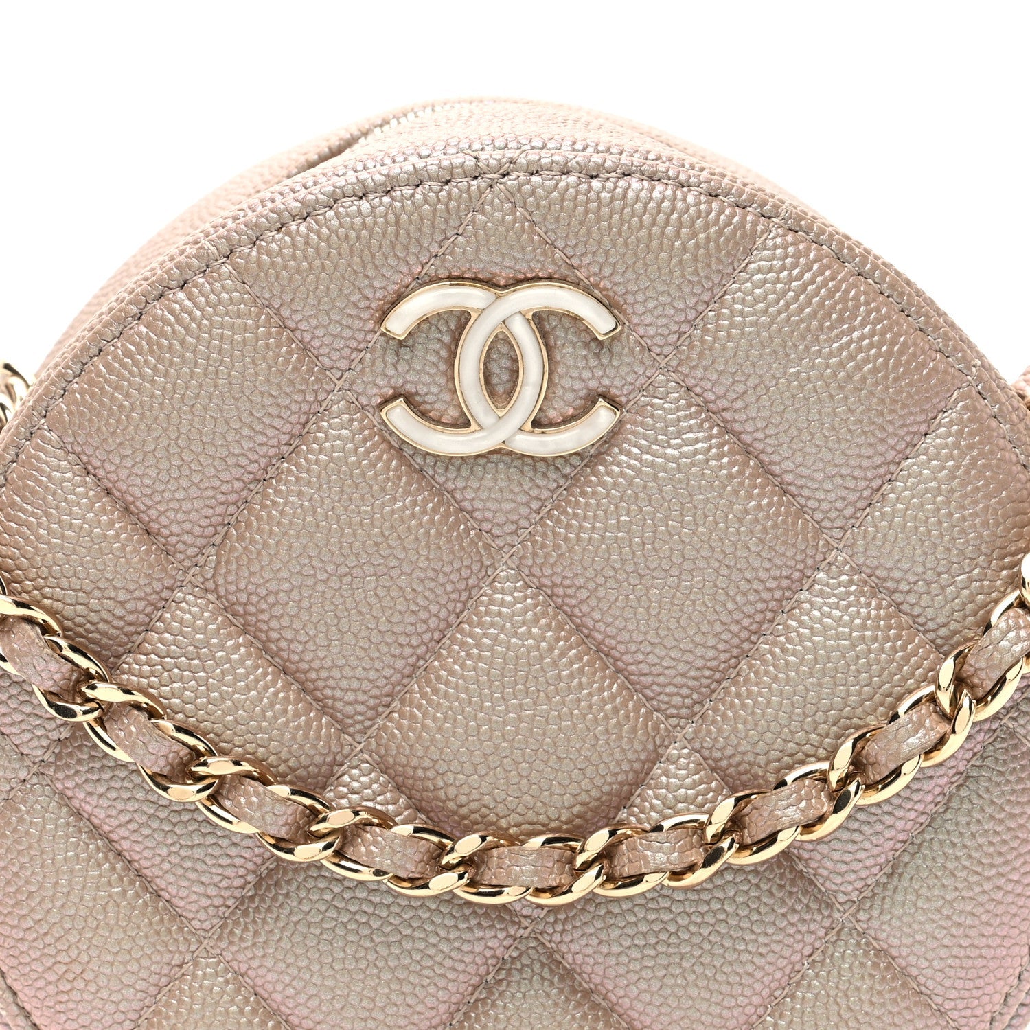 Iridescent Caviar Resin Quilted Round Clutch With Chain Beige