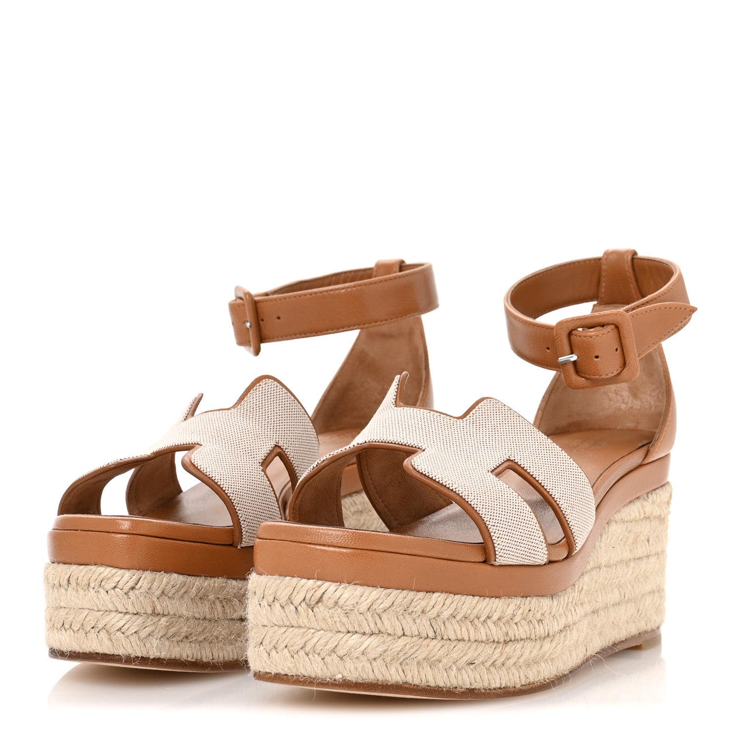 H Canvas Goatskin Elda Espadrille Wedge Sandals 36 Noisette Natural