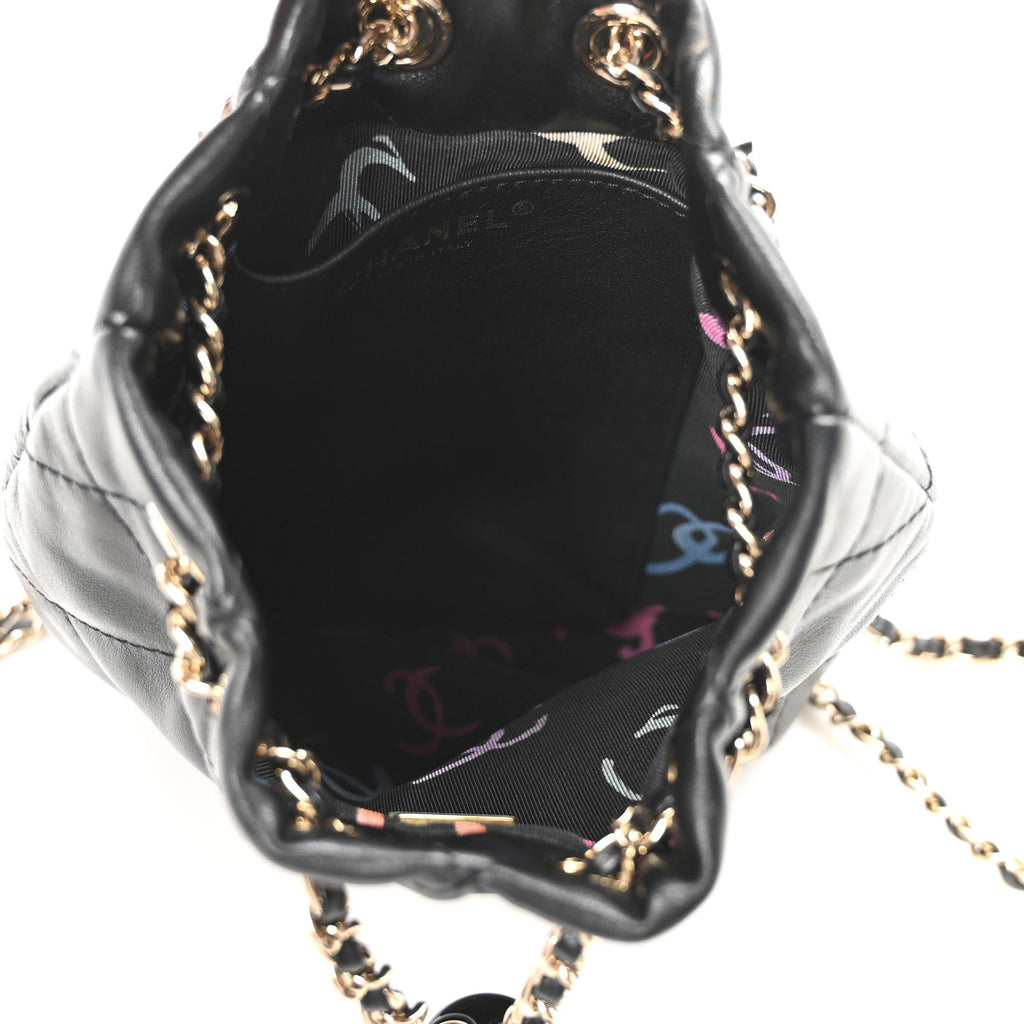 Shiny Lambskin Quilted Drawstring Backpack Black