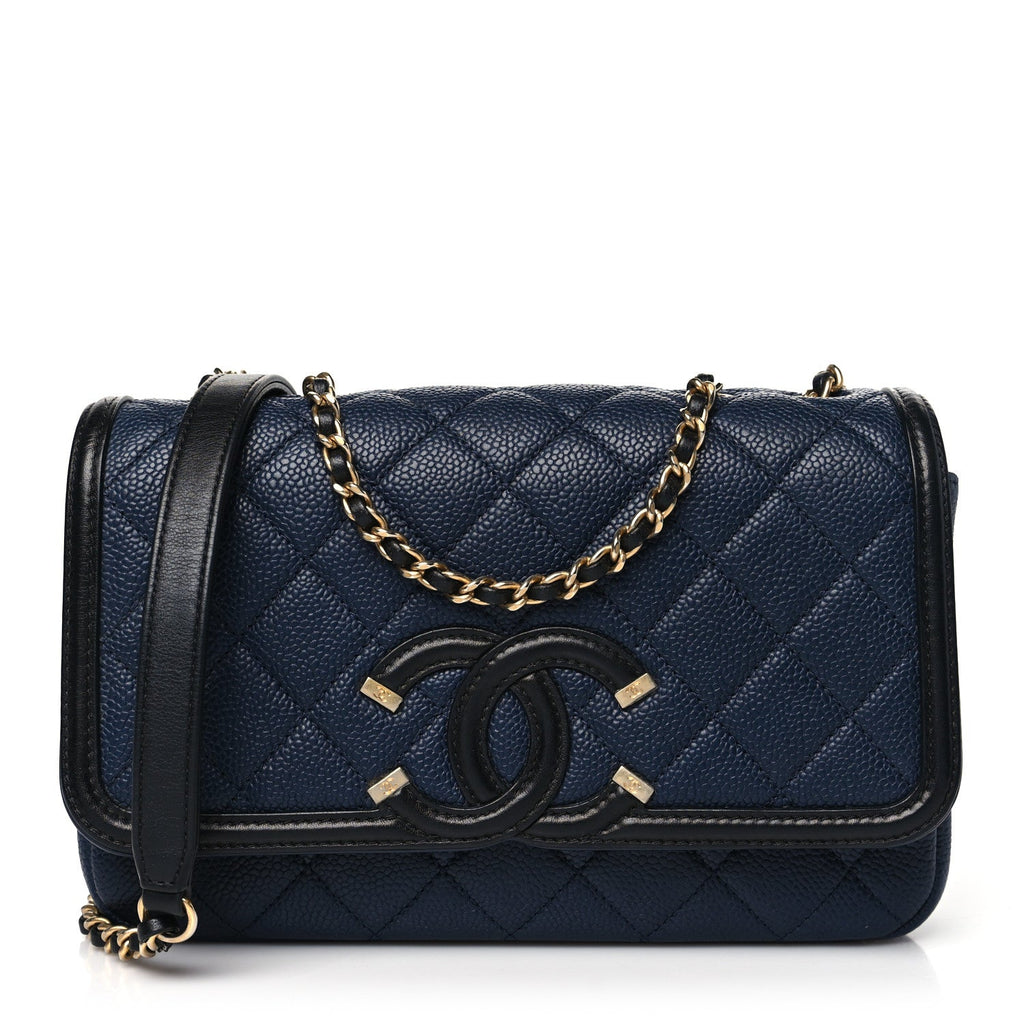 Caviar Quilted Small CC Filigree Flap Navy Black