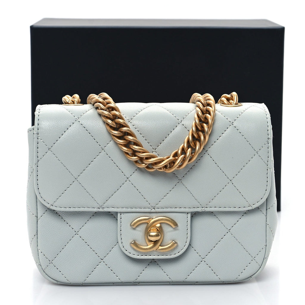 Grained Calfskin Quilted Flap Light Blue