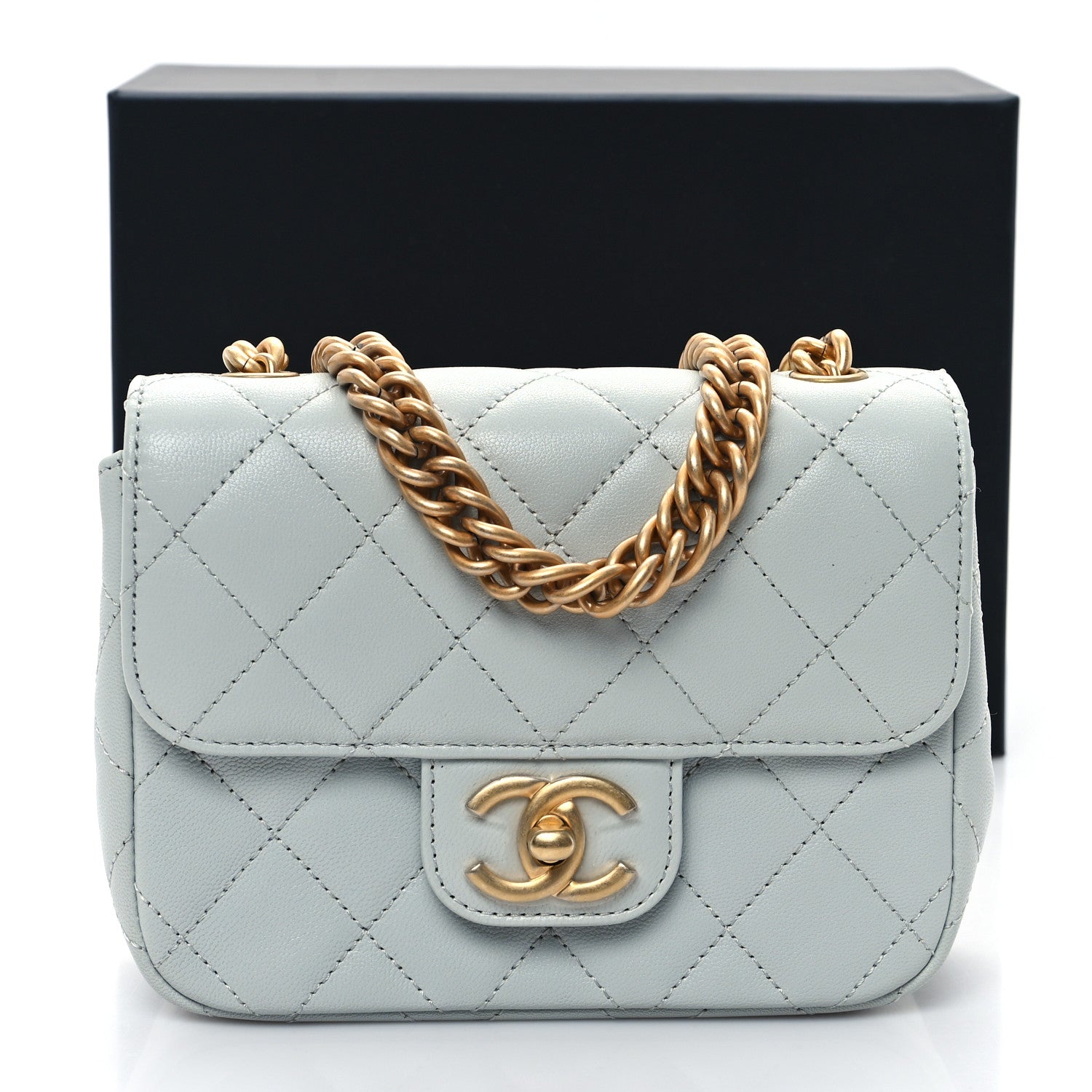 Grained Calfskin Quilted Flap Light Blue