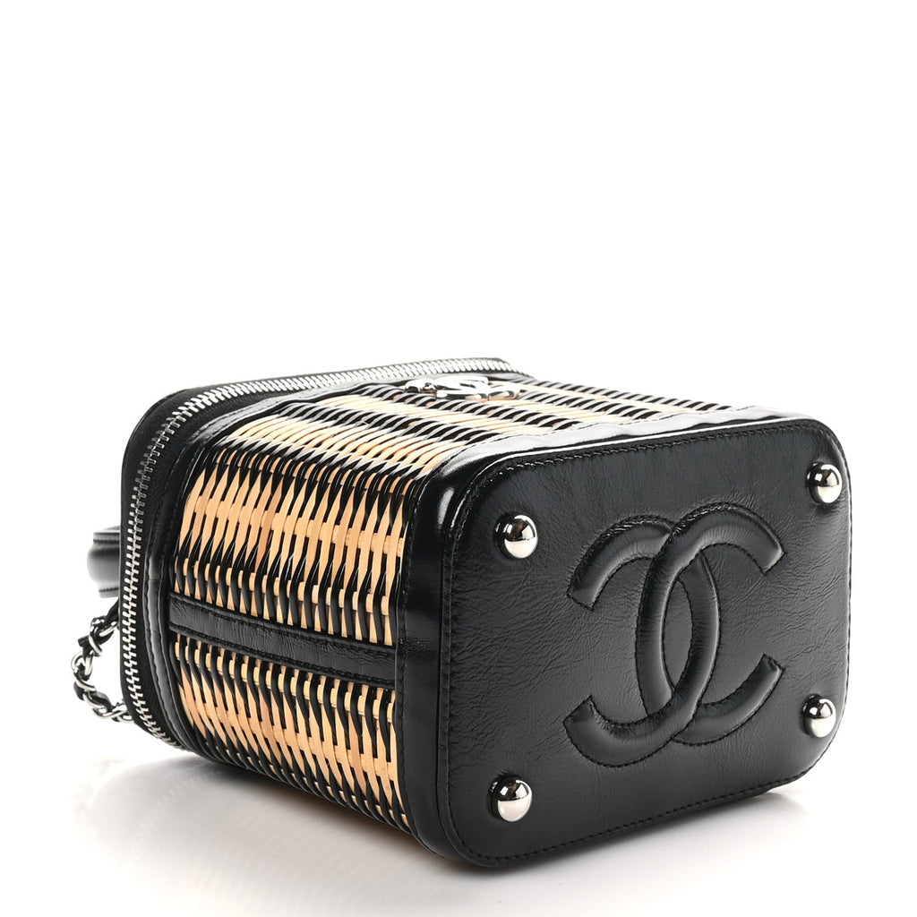 Calfskin Raffia Small Vanity Case Bag Black Beige