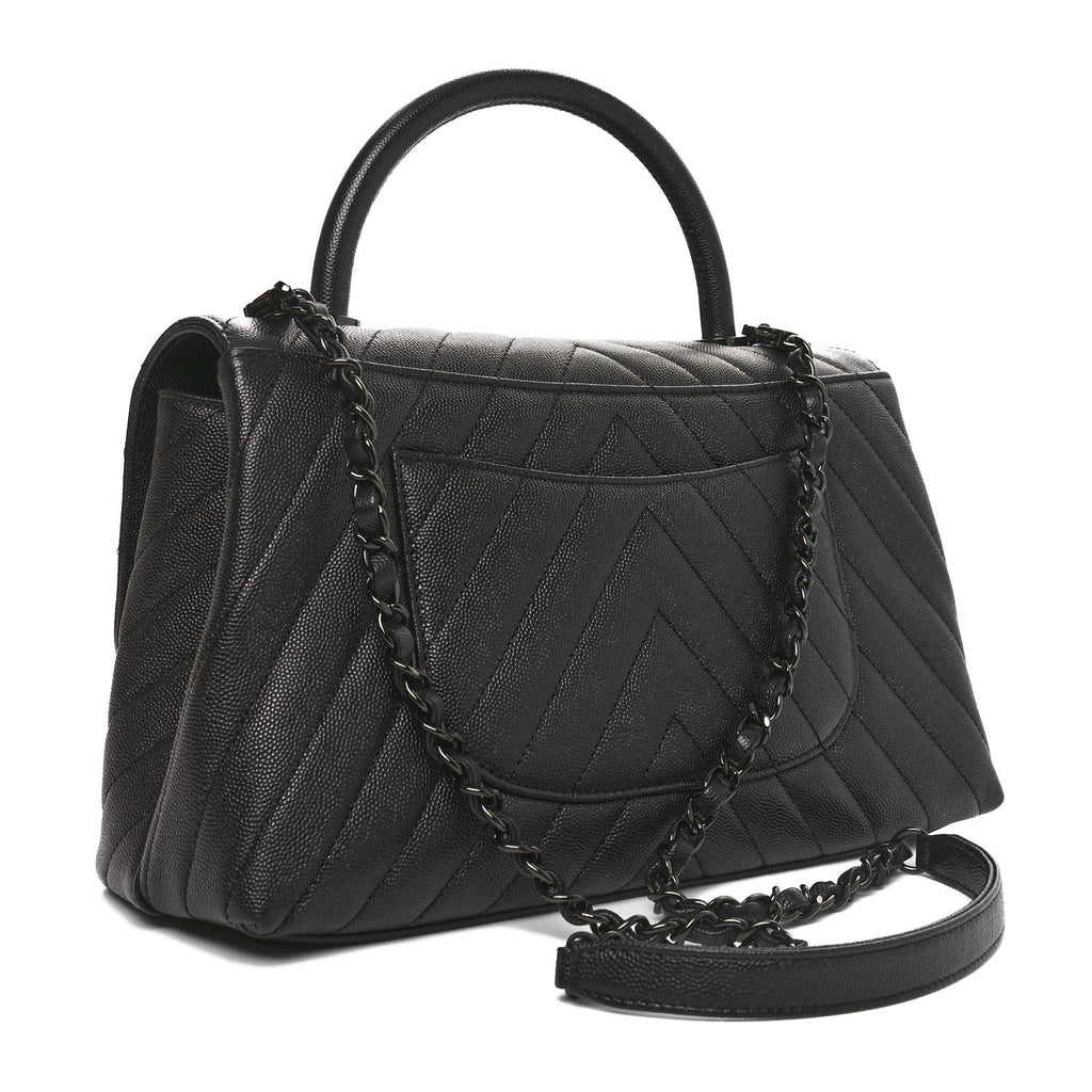 Caviar Chevron Quilted Small Coco Handle Flap So Black