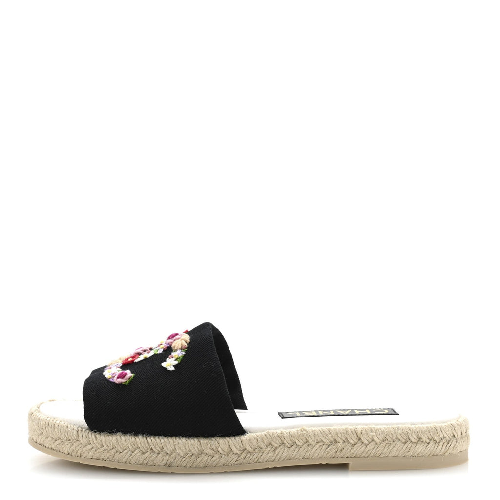 Canvas Embroidered CC Floral Espadrille Slip On Sandals 37 Black Multicolor