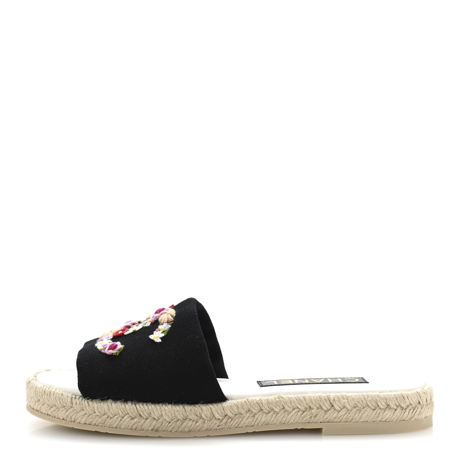 Canvas Embroidered CC Floral Espadrille Slip On Sandals 37 Black Multicolor